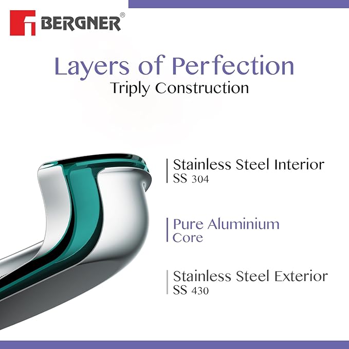 Bergner Be Essentials Tri-ply Stainless Steel 24 Cm (2.5 Liters) Tasra | Steel Kadai