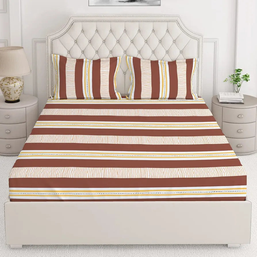 Layers Tuscany Cotton Bedsheet Set for All Seasons Lightweight 104 TC Queen Size Brown Striped