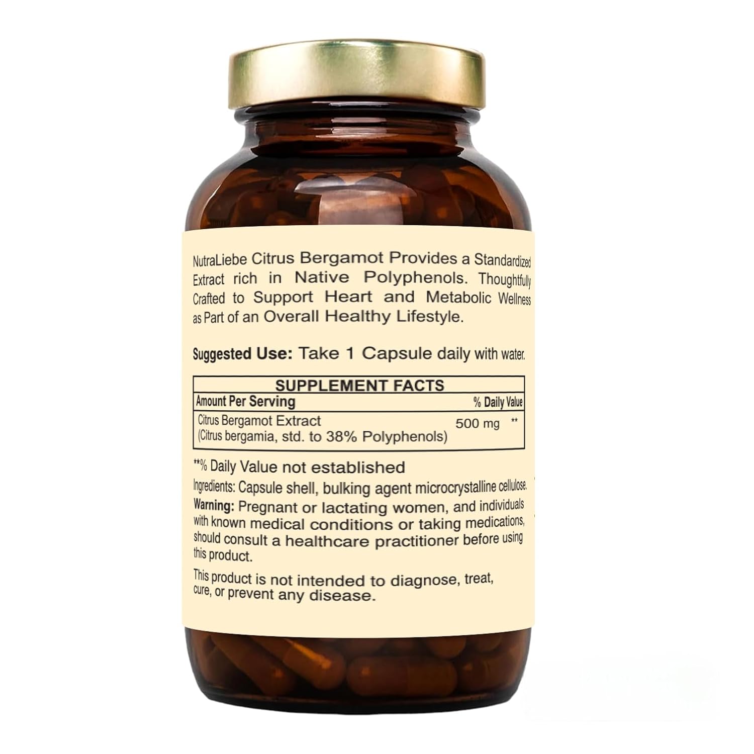 Nutraliebe Citrus Bergamot Extract 500 mg – Citrus bergamia Standardized to 38% Polyphenols | Heart, Cholesterol & Metabolic Health Support | Antioxidant & Detox Formula | 90 Veg Capsules | Non-GMO & Gluten-Free
