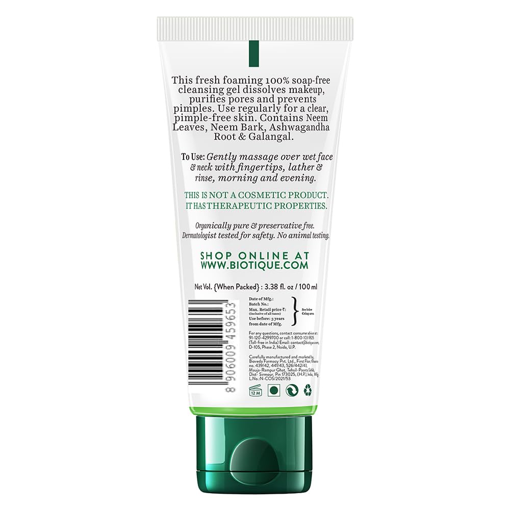 Biotique Fresh Neem Pimple Control Face Wash| Ayurvedic and Organically Pure| Prevents Pimples |100% Botanical Extracts| Suitable for All Skin Types | 100mL