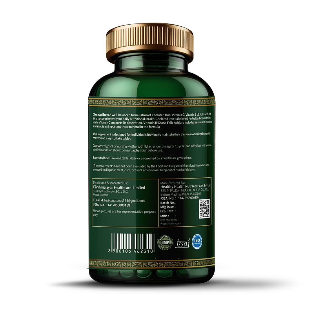 Simply Herbal Chelated Iron with Vitamin C, B12, Folic Acid, and Zinc - 60 Tablets - Supports Iron Absorption, Immune Health, and General Well-Being