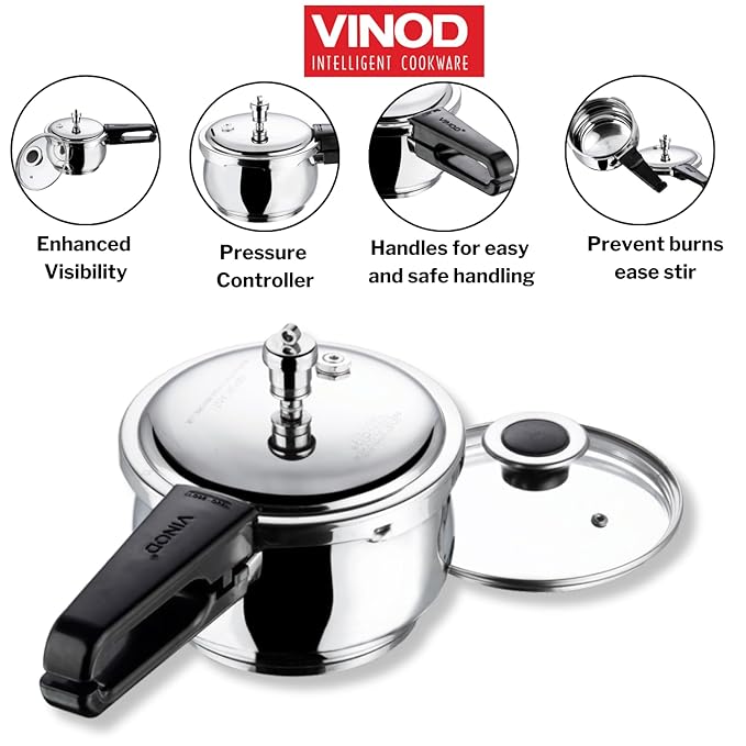 Vinod Splendid Plus Stainless Steel Pressure Cooker Outer Lid 3.5 Litre | SAS Bottom Handi Cooker | Extra Glass Lid