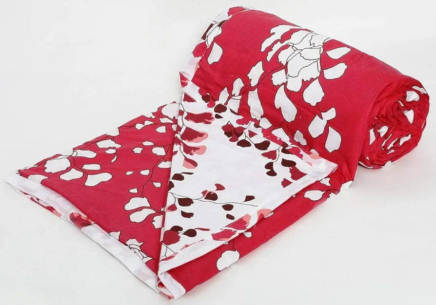 Trance Home Linen 150 GSM Pure Cotton Reversible Dohar Single Bed Size Ac Blanket Comforter Soft Light-Weight Bed Blanket 56 X 88 Inch Colour Red White Leaves