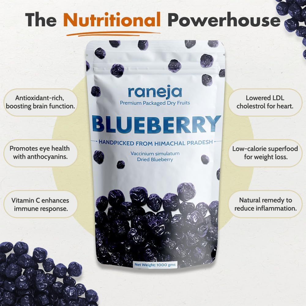 RANEJA 100% Natural Premium Blueberries Without added Sugar | Dried Seedless Blueberries | Dry Fruits | Healthy & Tasty Whole & Dried Blueberry | Rich In Calcium And Vitamin K | Non-GMO(200gm)