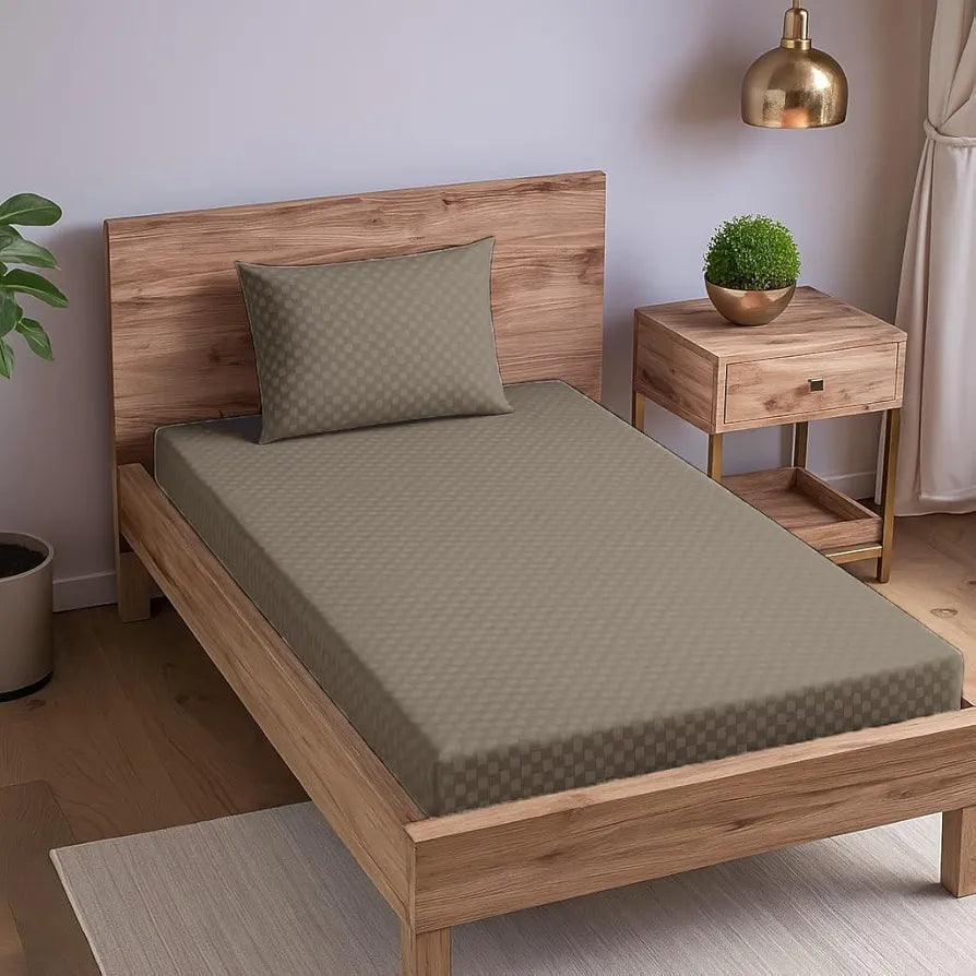 Trance Home Linen Skin Friendly Premium Jacquard Weave Fitted Bedsheet for Single Bed with 1 Pillow Cover 100% Cotton300TC Colour Mocha
