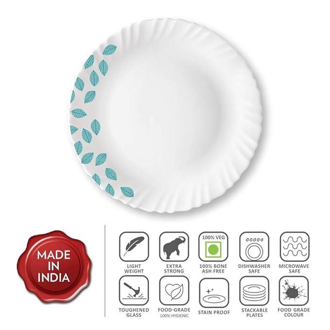 Larah by Borosil Opalware Full Plate | Blue Leaves | 11 Inch | Set of 6