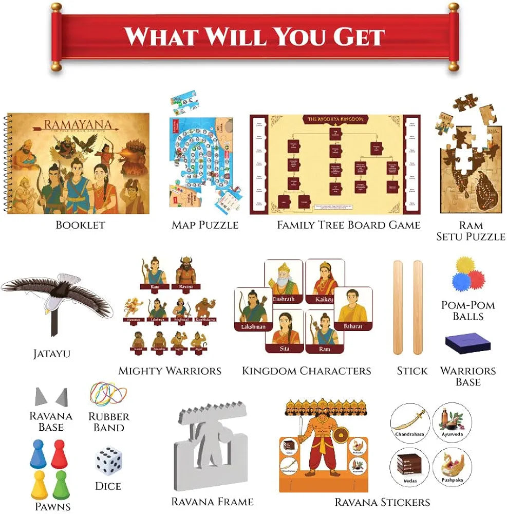 PW Ramayana The Tale of Ram & Sita Kit for Kids, 6-in-1 Fun Activity & Family Board Game, Diwali Kit, Learn 100+ Ramayana Facts with Puzzles Ages 8–14 Years