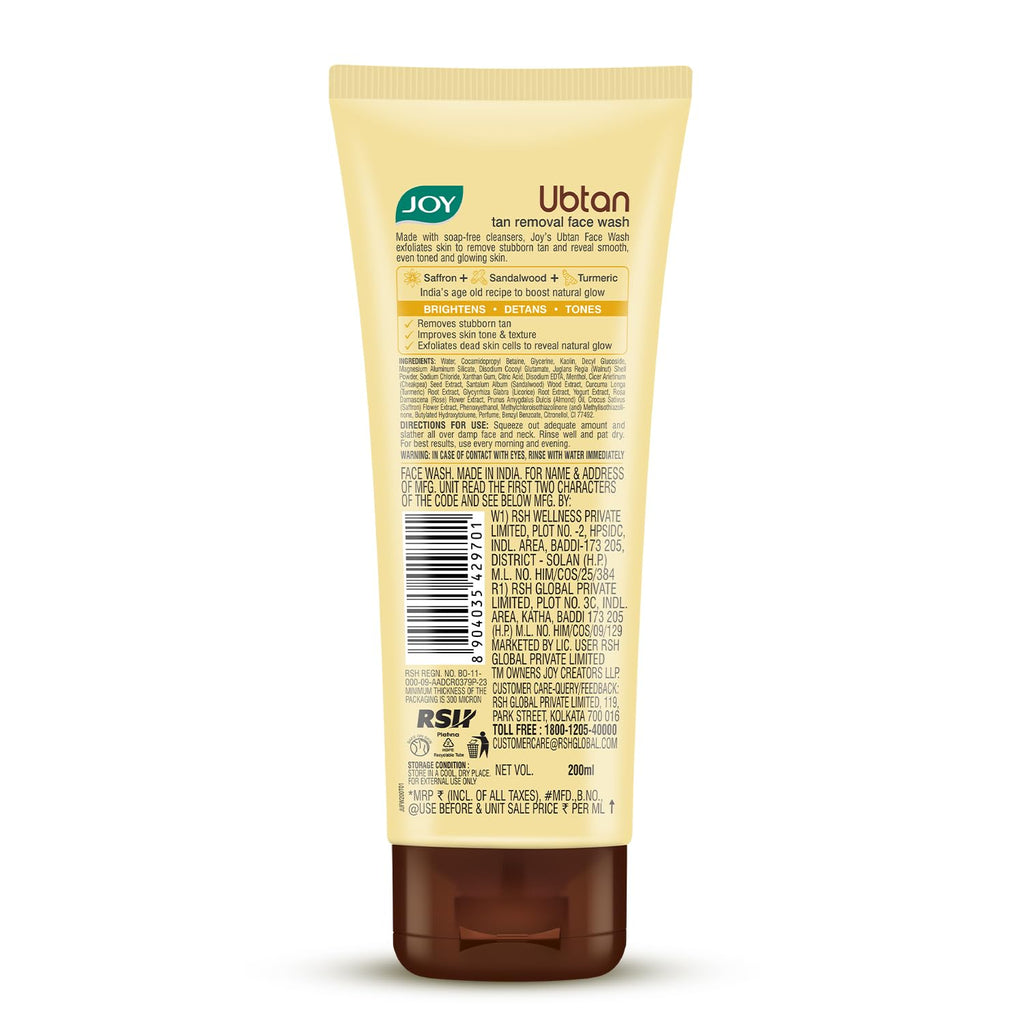 Joy Ubtan Tan Removal Face Wash 200ml | Detans & Brightens, Removes Dirt & Blemishes for a Natural Glowing Skin | Enriched With Turmeric, Saffron & Sandalwood | Suitable for All Skin Types