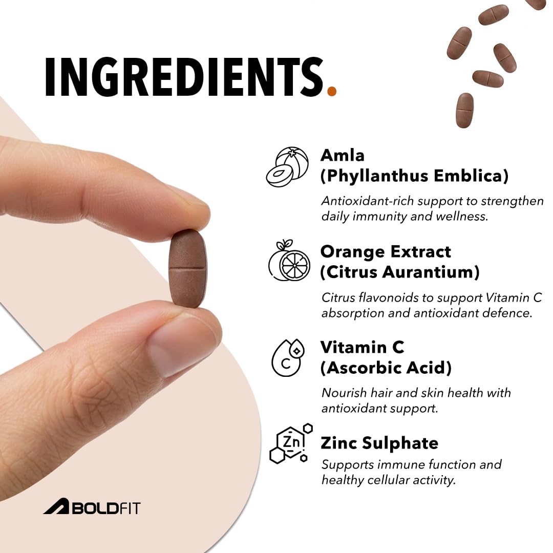 Boldfit Vitamin C Tablets for Men and Women Vitamin C Supplement with Amla Orange Extract and Zinc Immunity Booster Tablets for SkinCare, Antioxidant and Energy - 60 Veg Tablets
