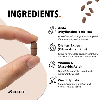 Boldfit Vitamin C Tablets for Men and Women Vitamin C Supplement with Amla Orange Extract and Zinc Immunity Booster Tablets for SkinCare, Antioxidant and Energy - 60 Veg Tablets