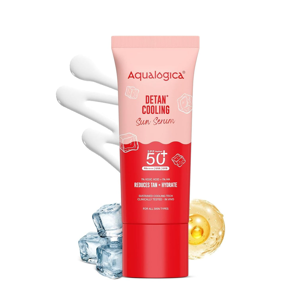 Aqualogica Detan+ Cooling Sun Serum 50g | SPF 50+ PA++++ | 1% Kojic Acid & 1% Hyaluronic Acid | Photostable UV Filters | Serum-Light Texture | Instant Cooling | Tan Protection | Triple Cooling Technology | In-Vivo Tested | Papaya Extract