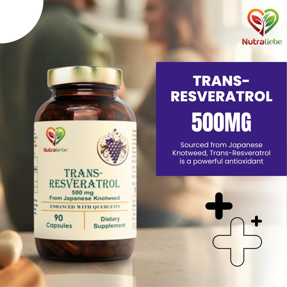 Nutraliebe Trans-Resveratrol 500mg with Quercetin & Black Pepper - Advanced Antioxidant Support from Japanese Knotweed, 90 Capsules