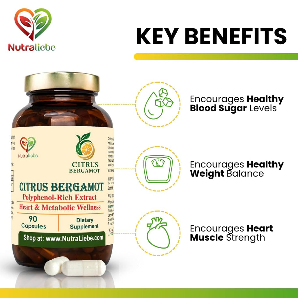 Nutraliebe Citrus Bergamot Extract 500 mg – Citrus bergamia Standardized to 38% Polyphenols | Heart, Cholesterol & Metabolic Health Support | Antioxidant & Detox Formula | 90 Veg Capsules | Non-GMO & Gluten-Free