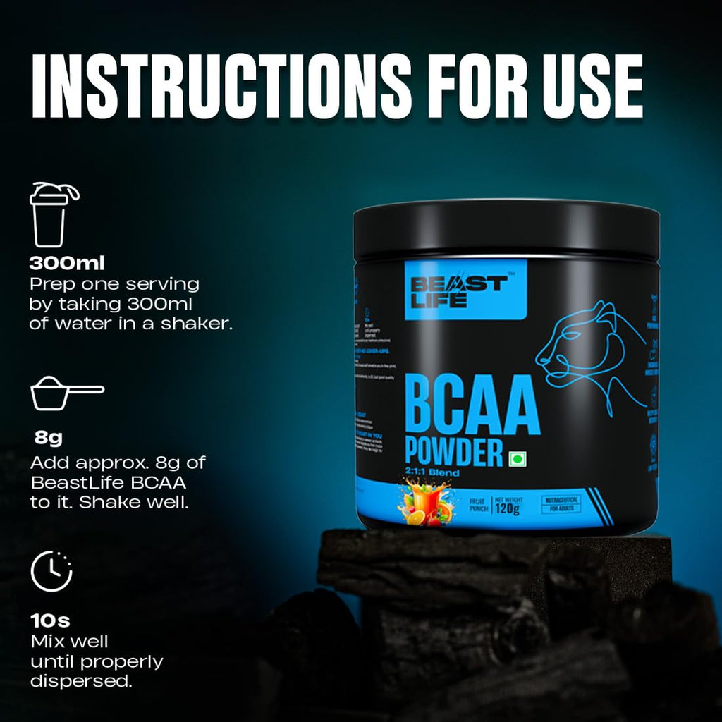 BeastLife High Recovery BCAA – Fruit Punch Flavour | 2:1:1 Blend | 120g | Fast-Absorbing Recovery Formula | Premium Sports Nutrition for Men & Women