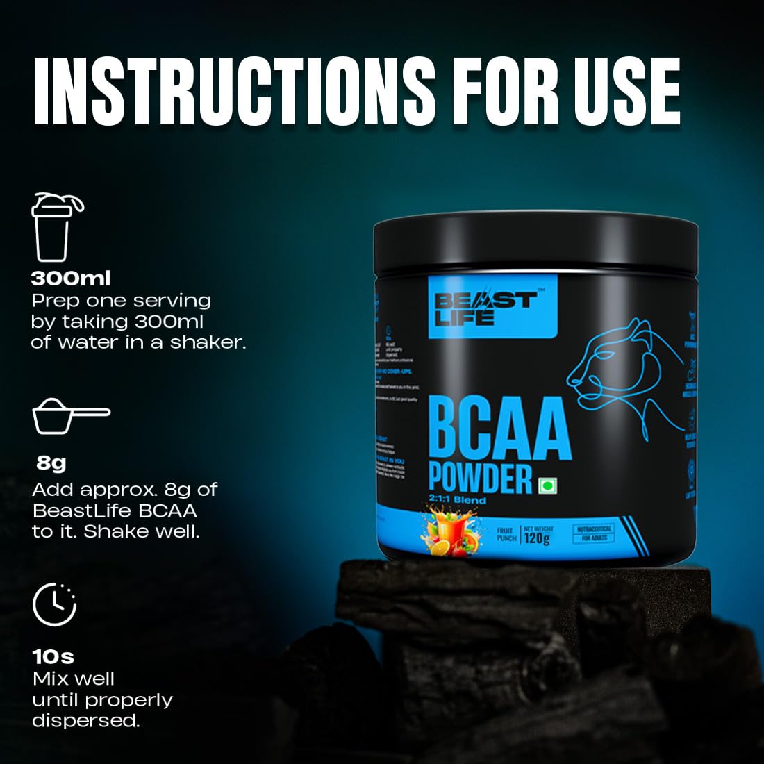 BeastLife High Recovery BCAA – Fruit Punch Flavour | 2:1:1 Blend | 120g | Fast-Absorbing Recovery Formula | Premium Sports Nutrition for Men & Women