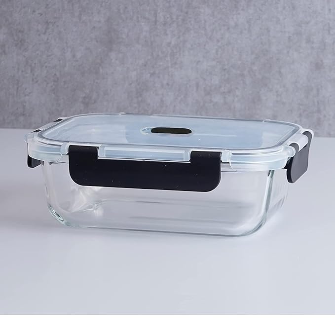 Femora Borosilicate Rectangle Glass Container With Dectahable & Break Free Lid | Black Color | 400 Ml | Set of 3
