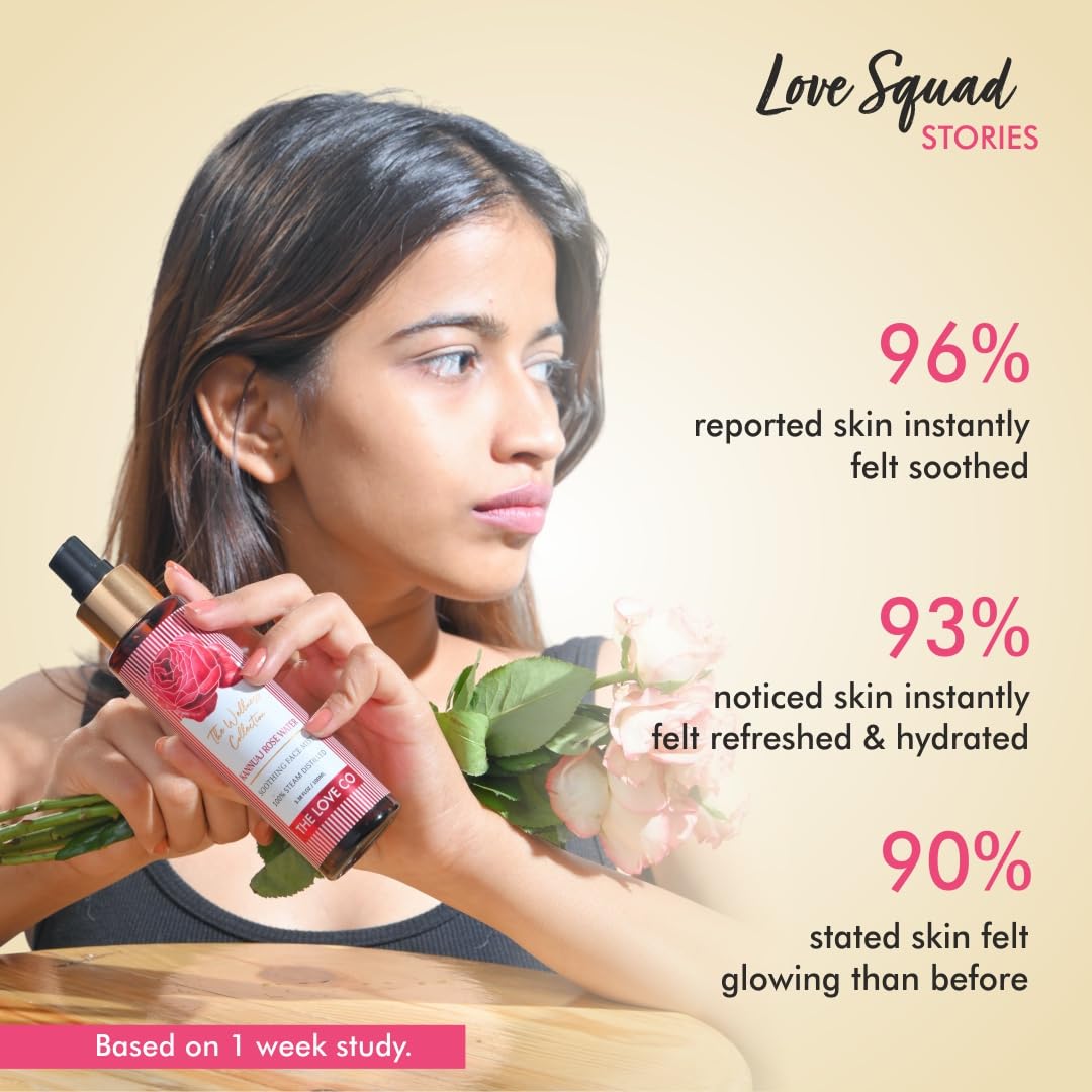 THE LOVE CO. Rose Water 100ml - Steam Distilled for Skin,100% Pure and Natural Face, and Hair - Authentic Kannauj Gulab Jal - Soothing Skin Toner Spray - Paraben, Alcohol, and Chemical-Free