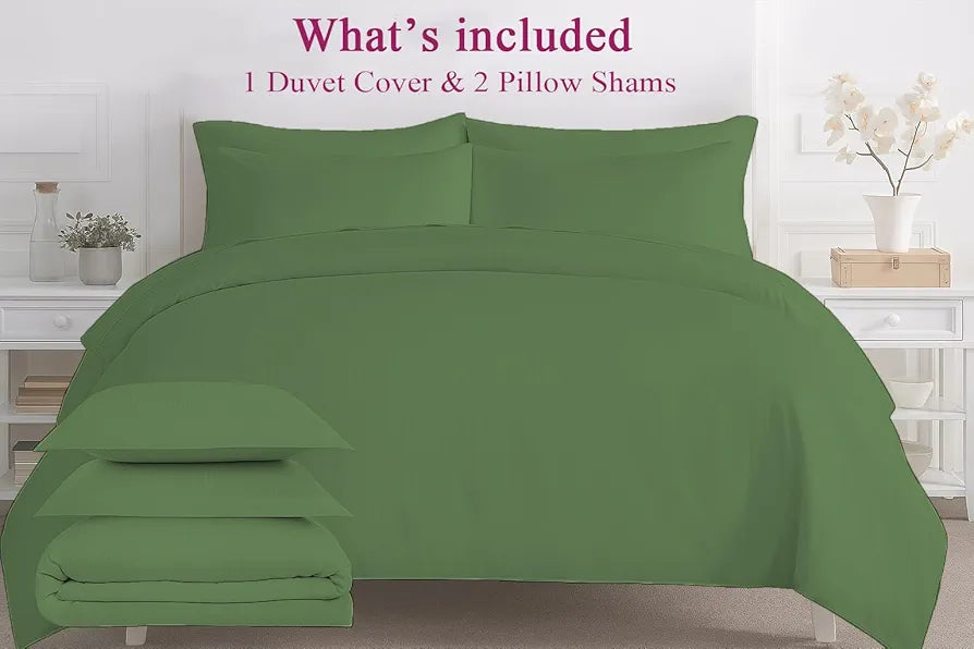 Trance Home Linen Zippered 100% Cotton 200TC Satin Stripe King Size Duvet Cover Quilt Cover Blanket Cover Razai Comforter Cover with 2 Pillow Covers Colour Moss Green