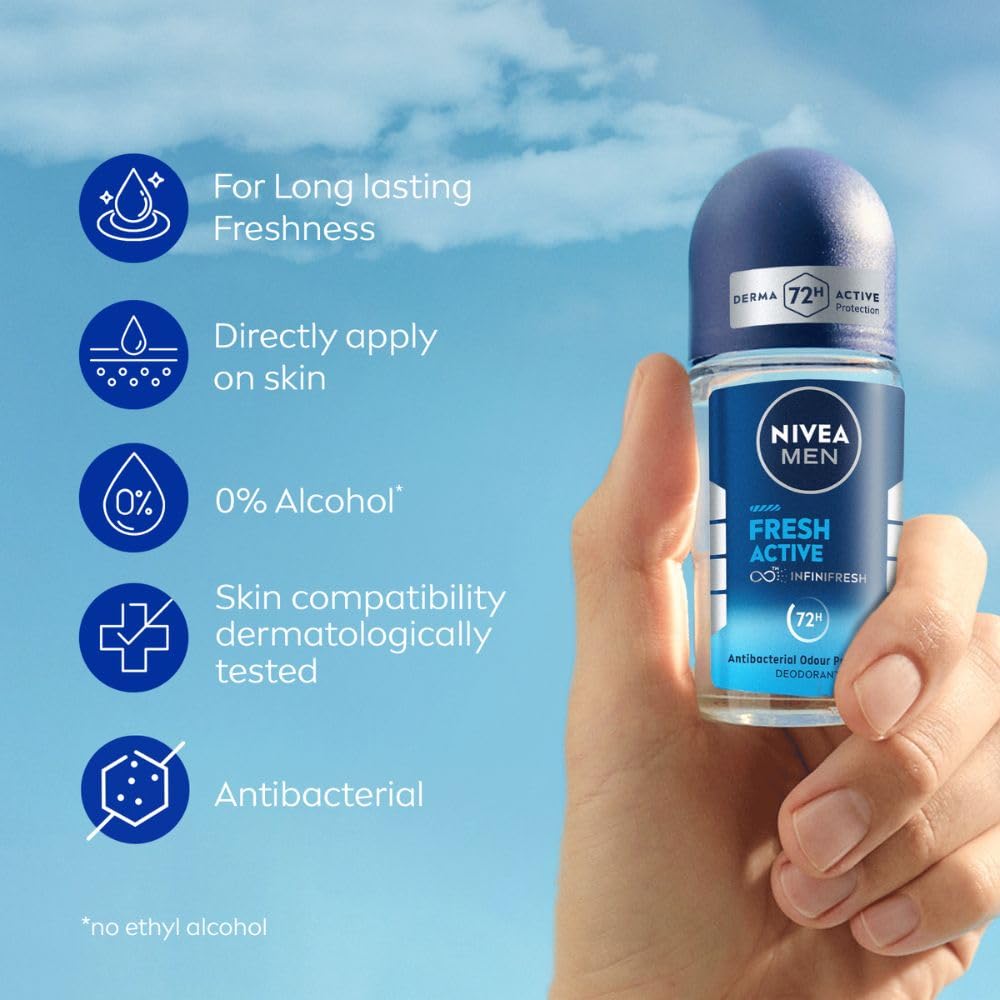 NIVEA MEN Fresh Active 50ml Deo Underarm Roll On | With Fresh Ocean Extracts Scent| 72 H Freshness| 0% Alcohol | Dermatologically Approved & Paraben Free Formula