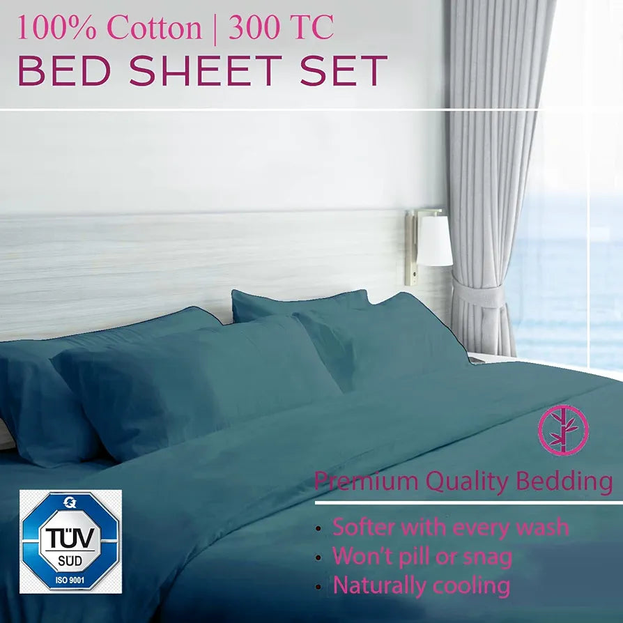 Trance Home Linen Premium 300 TC Pure 100% Cotton King Fitted Bedsheet With 2 Pillow Solid Covers Elasticated 78 X 72 Inches / 198 X 182 Cms / 6.5 X 6 Feet Colour Teal