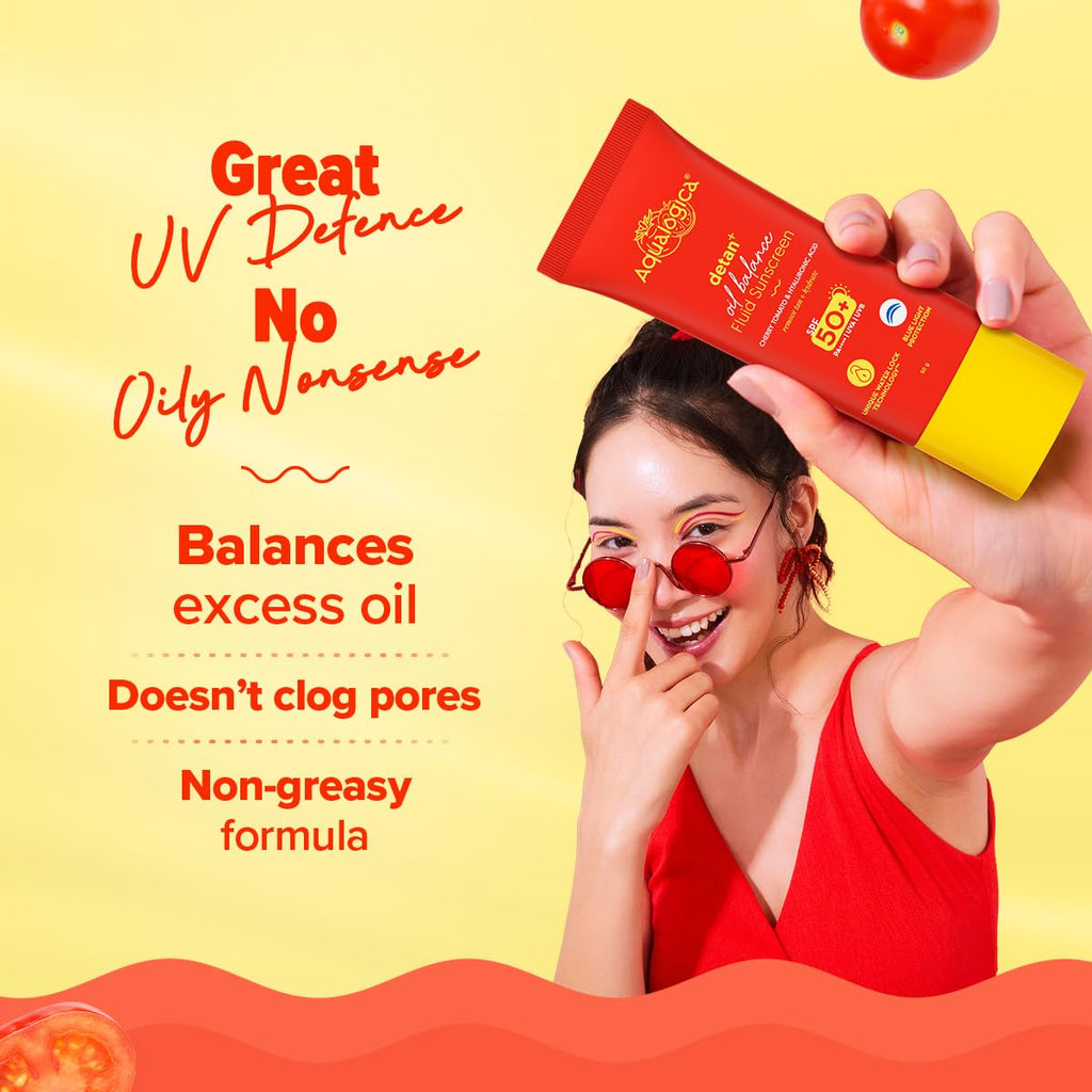 Aqualogica Detan+ Oil Balance Fluid Sunscreen for Oily Skin - 50 g | Water-like Fluid Texture | SPF 50+ PA++++ UVA & UVB Protection | Reduces Tan | Oil Free | Balances Excess oil | Non Greasy | No White Cast | For Men & Women