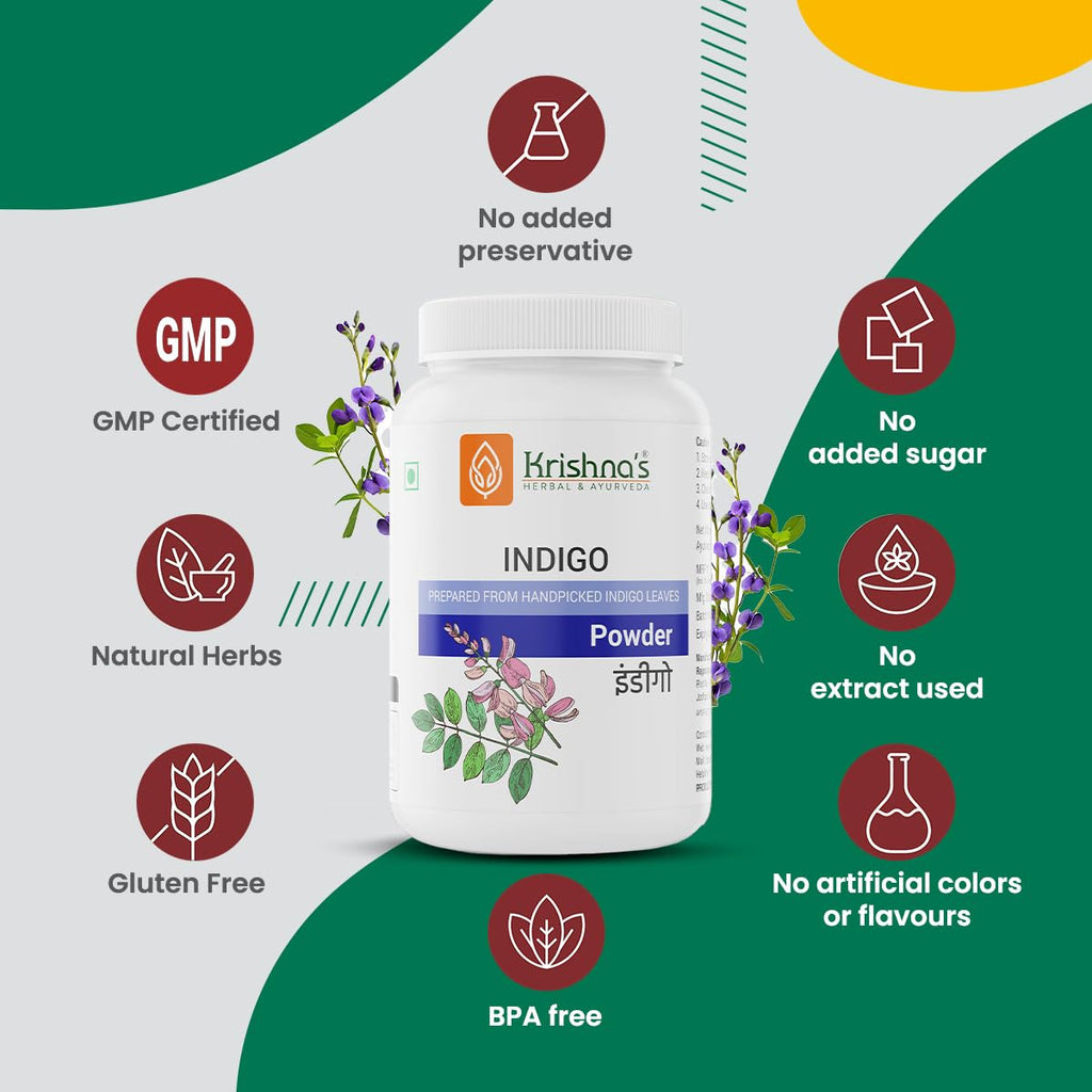 Krishna's Indigo Powder - 100 g | Preservative Free | Organic Powder for Natural Hair Coloring | Protects hair from Damages