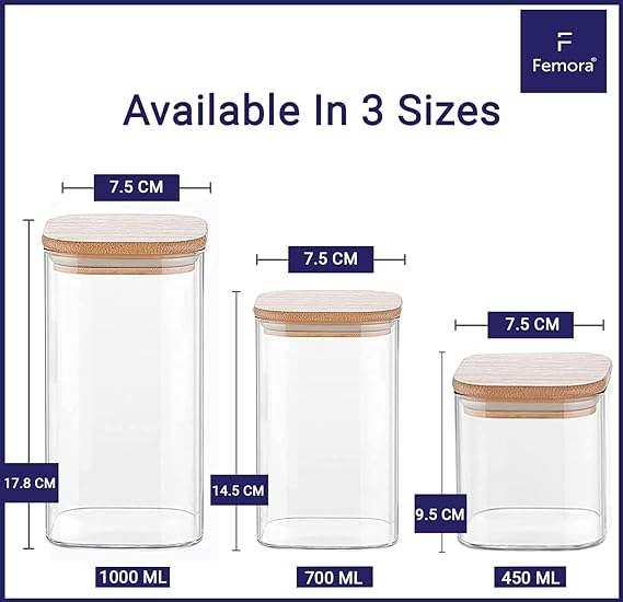 Femora Kitchen Storage Jars Borosilicate Glass Jar With Wooden Lid Air Tight Jar | 1000 Ml | Pack of 4