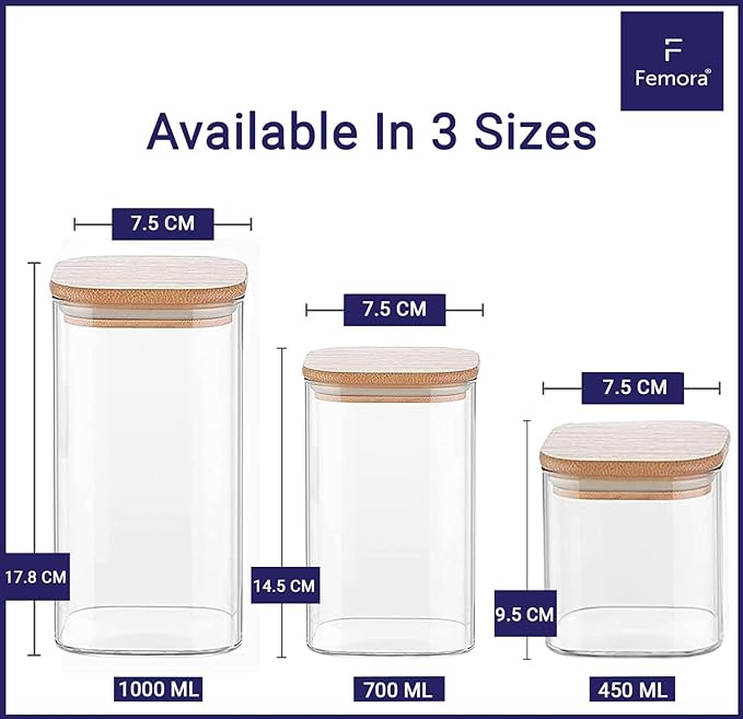 Femora Kitchen Storage Jars Borosilicate Glass Jar With Wooden Lid Air Tight Jar | 450 Ml | Pack of 4