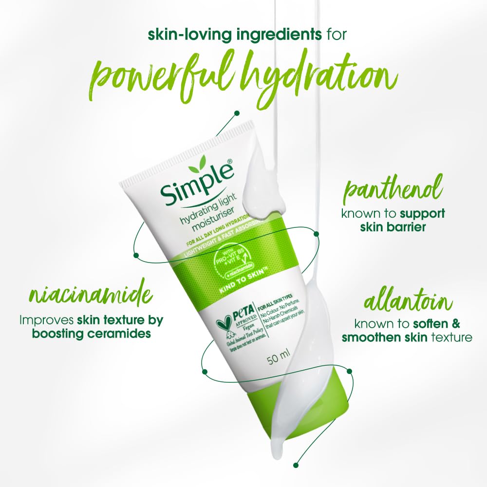 Simple Hydrating Light Moisturiser, 50ml | 12hr Hydration | With Niacinamide, Pro-Vitamin B5, Glycerin & Borage Seed Oil | Lightweight, Non-Greasy Formula | For Soft, Smooth Skin