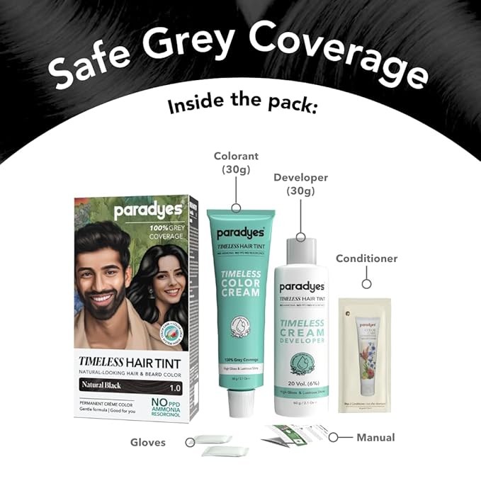 Paradyes Mini Natural Black Timeless Hair Tint, Permanent Creme Hair Color for Hair & Beard - 1.0 Natural Black | 60 Gms