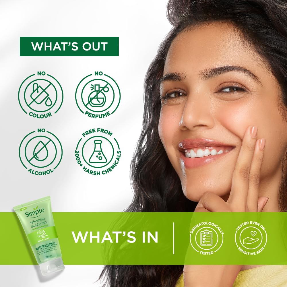 Simple Kind To Skin Refreshing Facial Wash 150 ml | 100% Soap-Free Facewash that doesn't dry out your skin| For All Skin Types