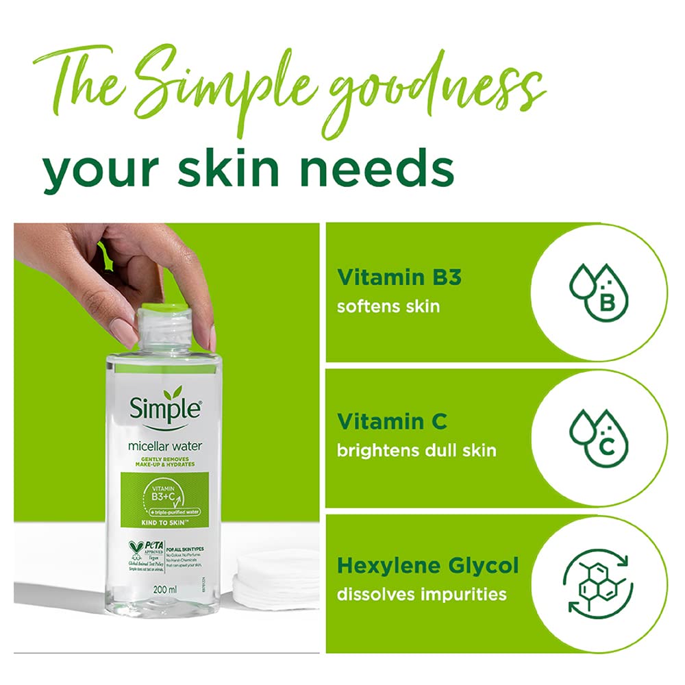 Simple Kind To Skin Micellar Cleansing Water 200 ml | Gently Removes Make-Up & Hydrates | For All Skin Types