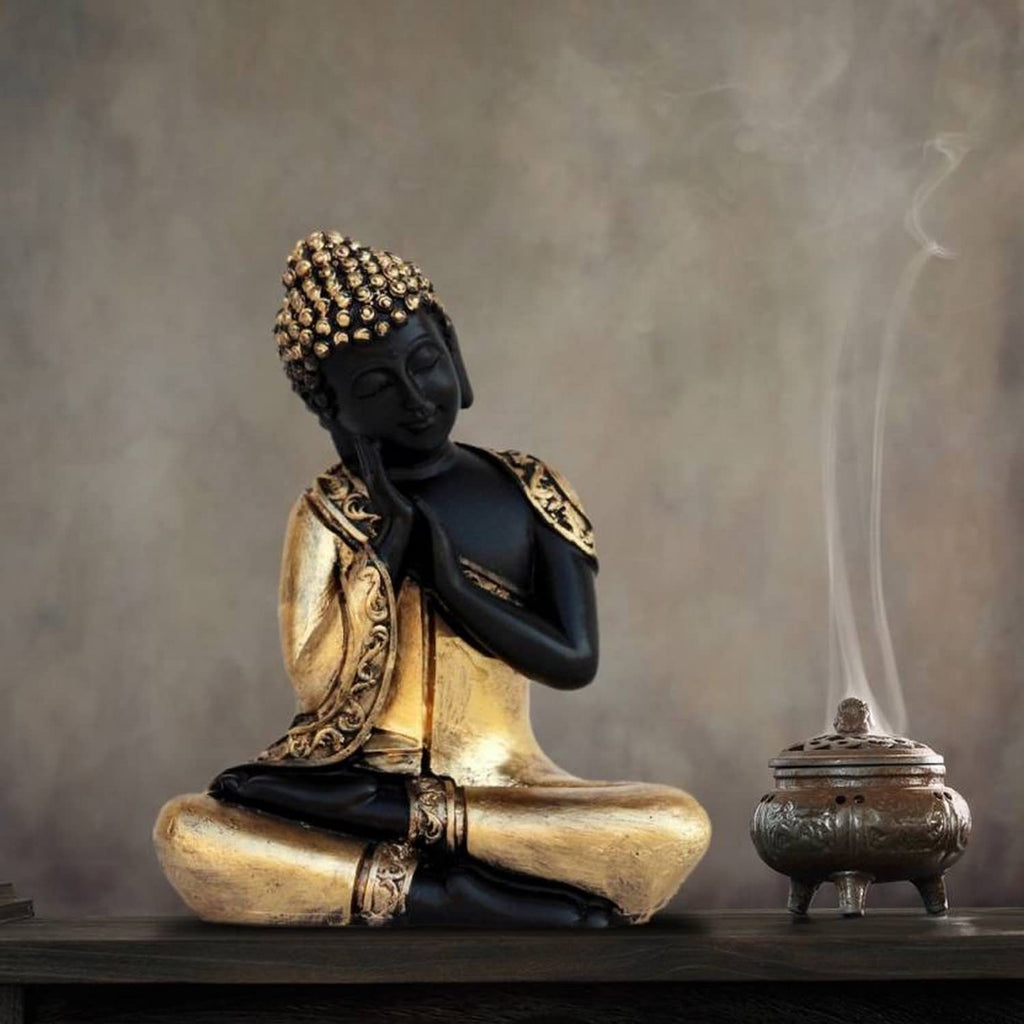 Ecraftindia Handcrafted Thinking Buddha Polyresin Statue | Golden and Black