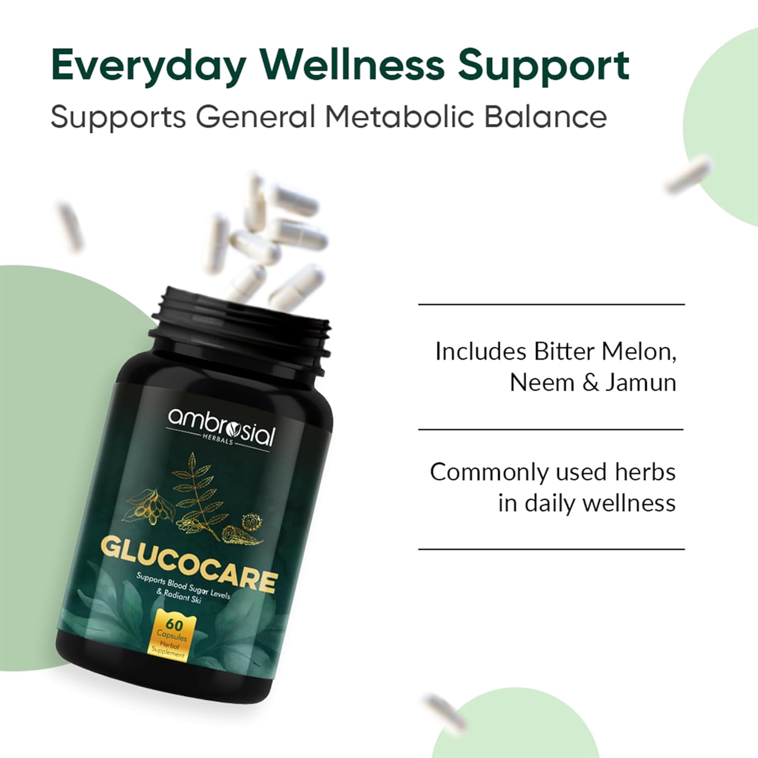 Ambrosial Glucocare Blood Sugar Control Tablets | Premium Herbal Formulation with Karela Jamun & Neem for Diabetes Care | Supports Healthy Blood Glucose Levels (Pack of 1-60 Capsules)
