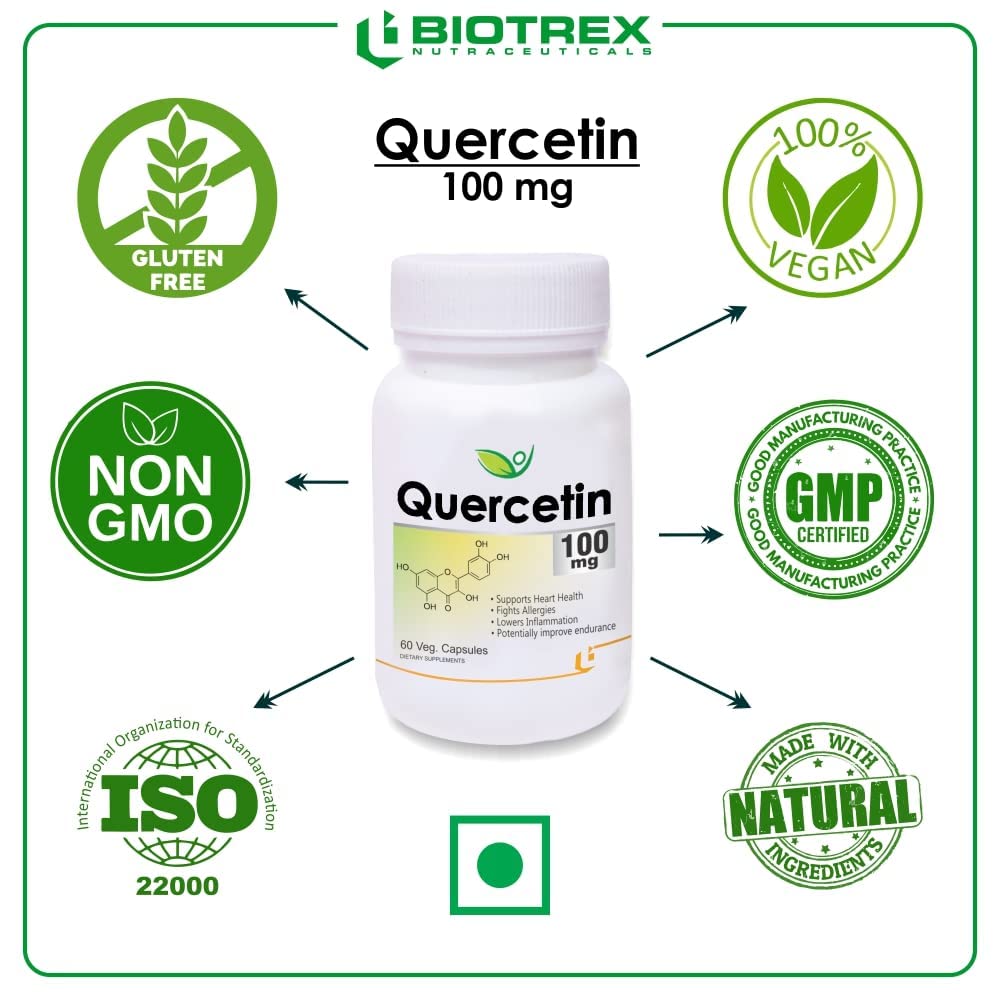 Biotrex Nutraceuticals Quercetin 100mg | Supports Energy, Brain & Heart Health | Antioxidant | Cardiovascular & Respiratory Health â€“ 60 Veg Capsules