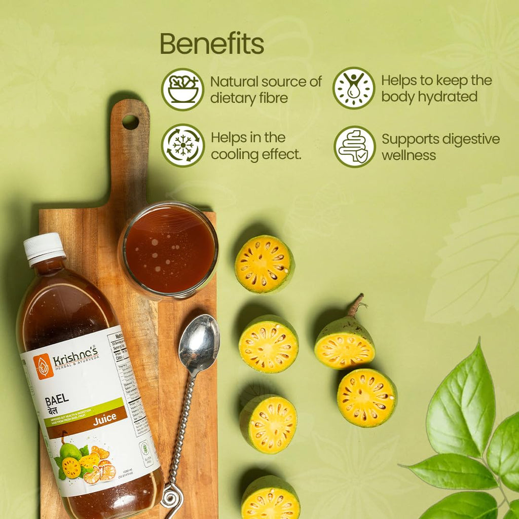 KRISHNA'S HERBAL & AYURVEDA Bael Juice -1000 Ml Concentrate Sugar Free Beal Juice For Healthy Gut Health, Bel Swaras With No Added Color Or Flavour