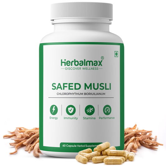 Herbalmax Safed Musli 800mg | With Shilajit, Ashwagandha & Gokshura | Natural Energy, Immunity Boost, Stamina & Stress Relief | Enhances Performance & Body Strength for Men & Women â€“ 60 Veg Capsules