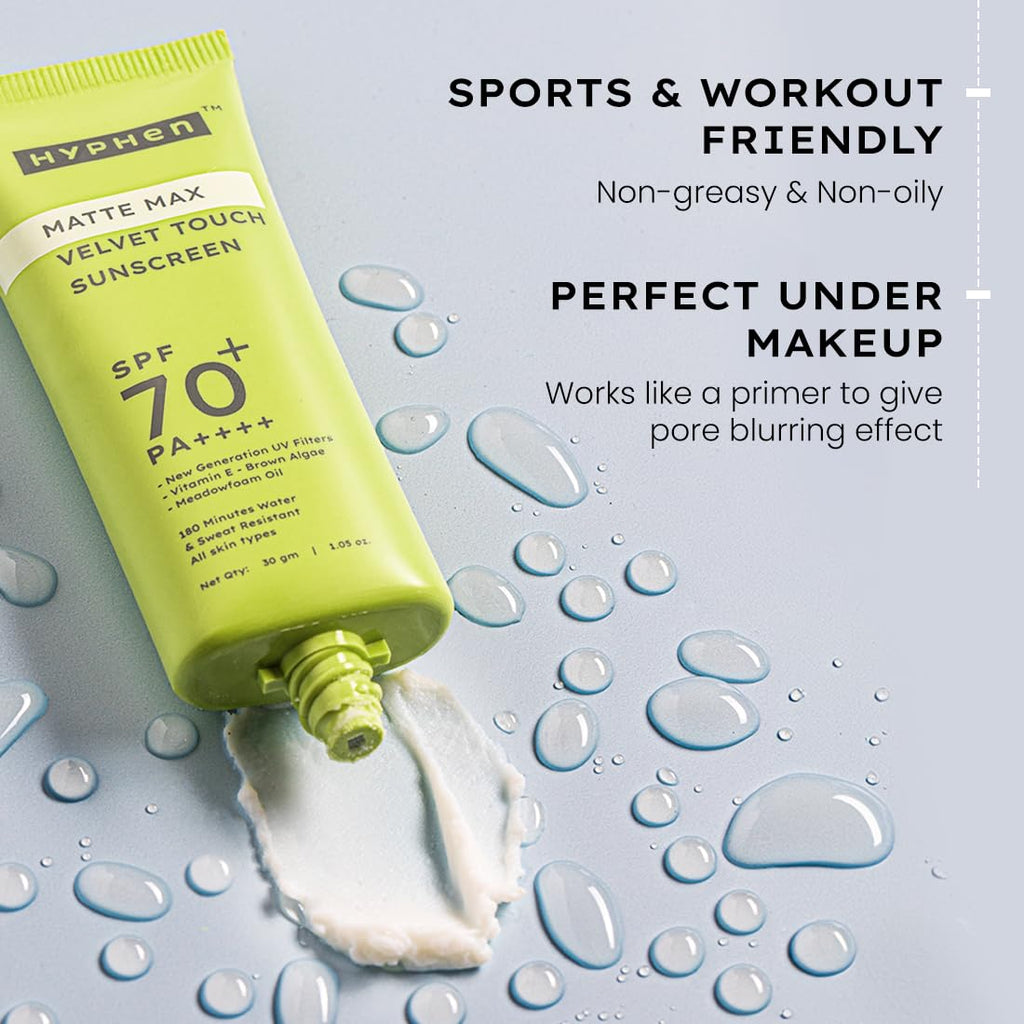 Hyphen Matte Max Velvet Touch Sunscreen Spf 70+ Pa++++|Sun Protection|Sun Shield|Moisturizes And Soothes Skin|12 Hrs Uva-Uvb Protection|Sunscreen Spf No White Cast, Combination & All Skin Types-30G