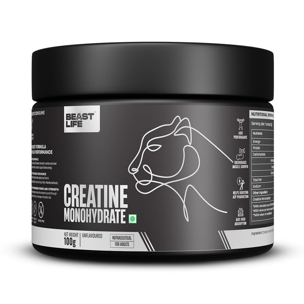 BeastLife Micronised Creatine Monohydrate with Free Shaker | 100g | 33 Servings | Unflavoured | NABL Lab Tested | Rapid Absorption for Muscle Strength & Athletic Performance | Super Micronised Creatine Powder