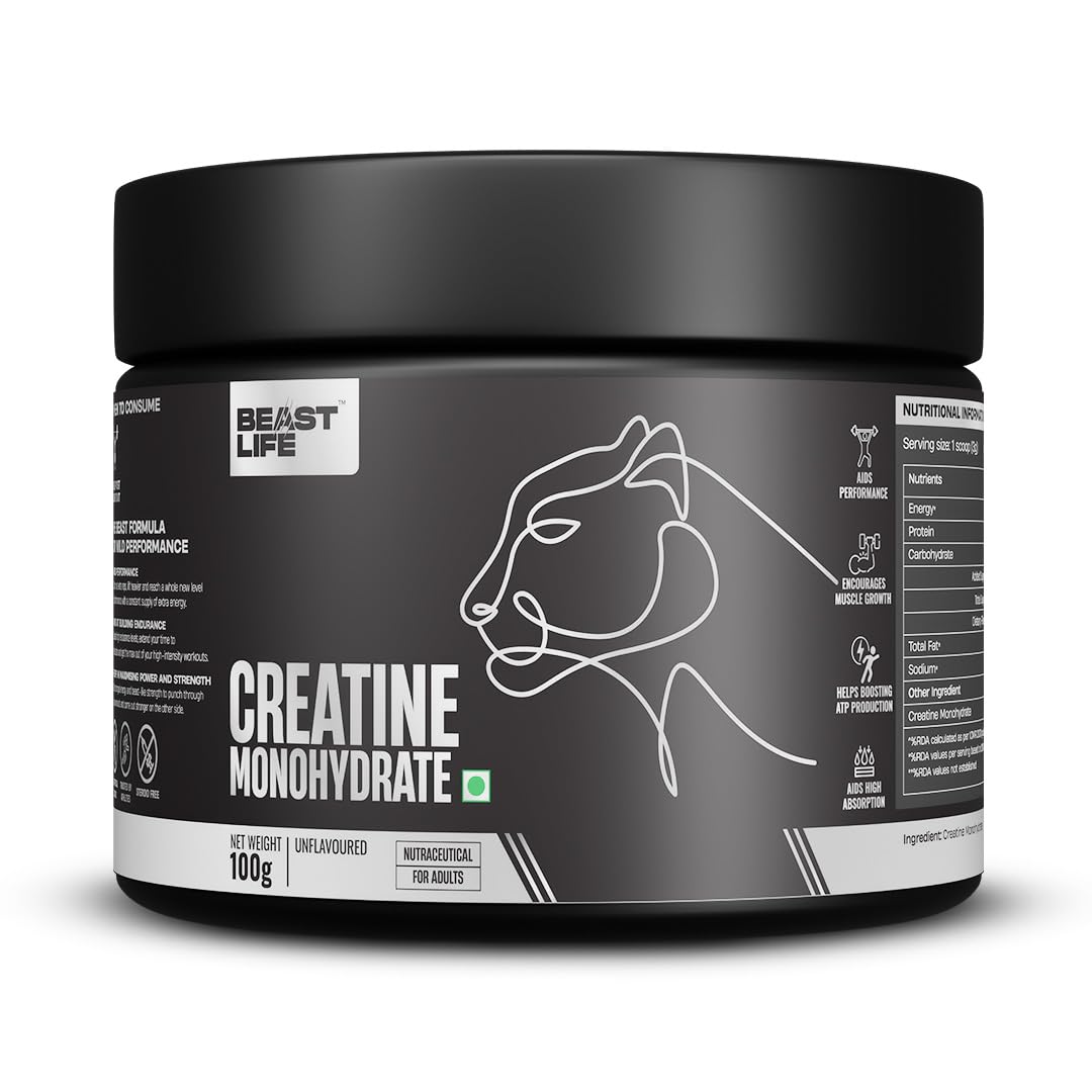 BeastLife Micronised Creatine Monohydrate with Free Shaker | 100g | 33 Servings | Unflavoured | NABL Lab Tested | Rapid Absorption for Muscle Strength & Athletic Performance | Super Micronised Creatine Powder