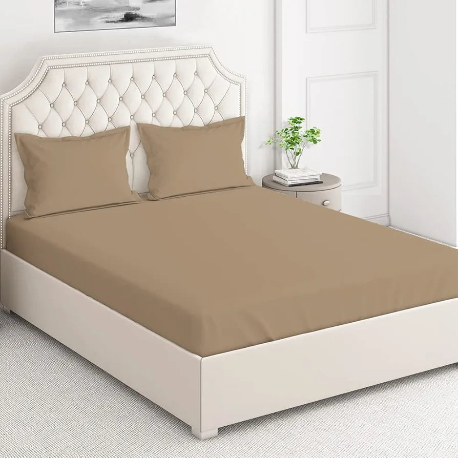 Layers Cotton 144TC Elastic Fitted Bedsheet for Double Bed King Size with 2 Pillow Covers Beige, Solid Pattern