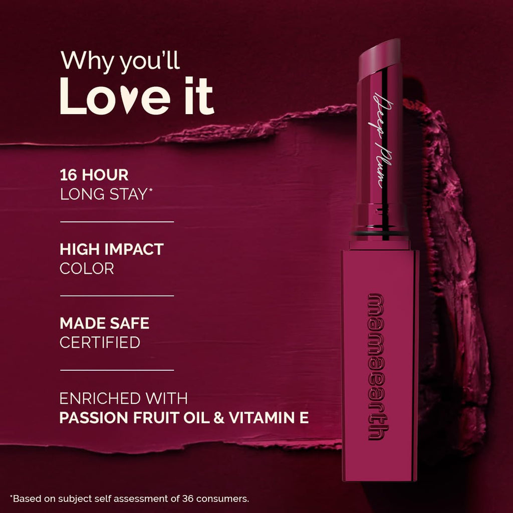 Mamaearth Luxe Matte Long Stay Lipstick with Passion Fruit Oil & Vitamin E -2g | Deep Plum 16 Hour Long Stay | High Impact Color | Made Safe Certified