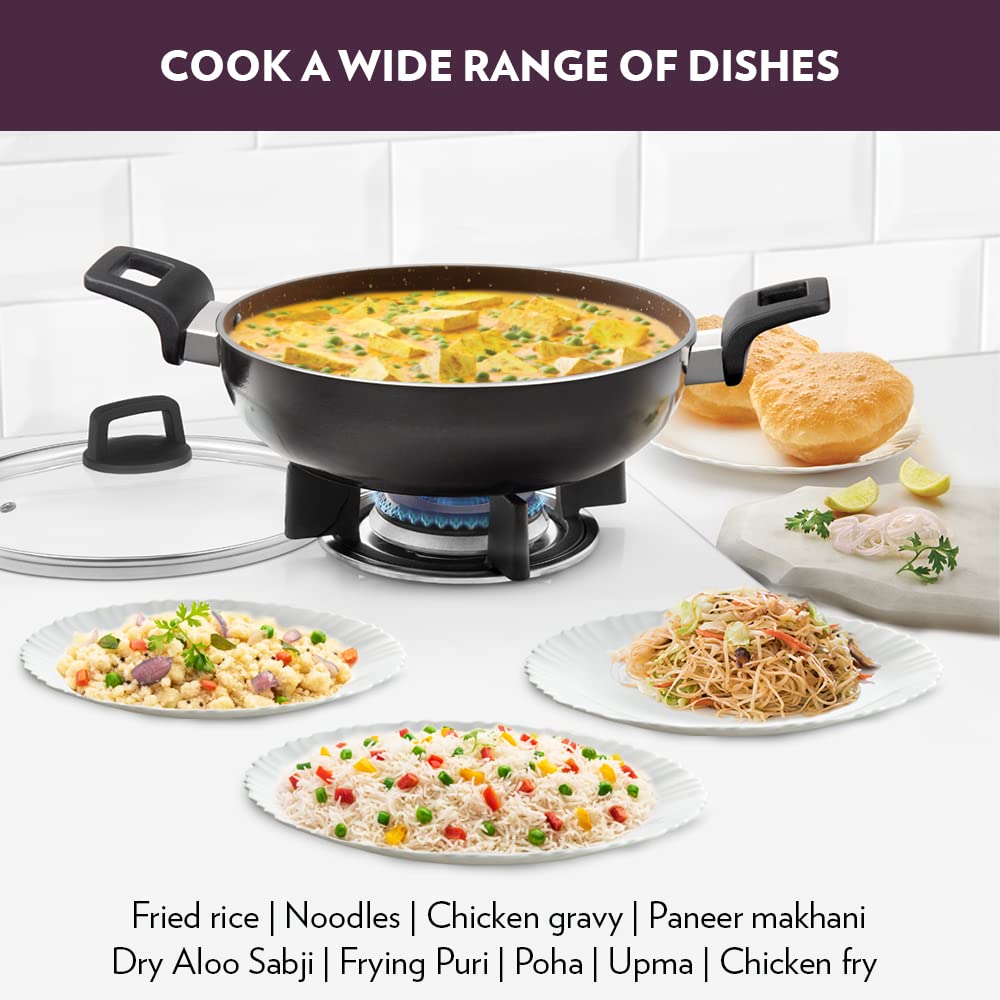Borosil Granito Non-stick Kadhai With Glass Lid | Induction Friendly | Granite Finish | Pfoa-free | 20 Cm Diameter