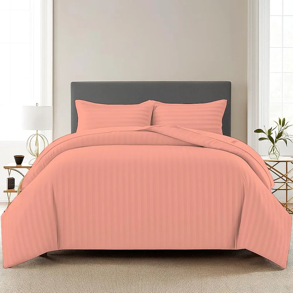 Trance Home Linen Zippered 100% Cotton 200 TC Satin Stripe Queen Duvet Cover Quilt Cover with 2 Pillow Covers Colour Peach