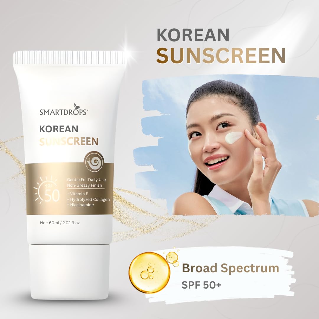 Smartdrops Korean Sunscreen SPF 50 Broad Spectrum UV Protection Lightweight Face & Body Suncream Non Greasy Daily Use For All Skin Types- 60ml (Pack 1)