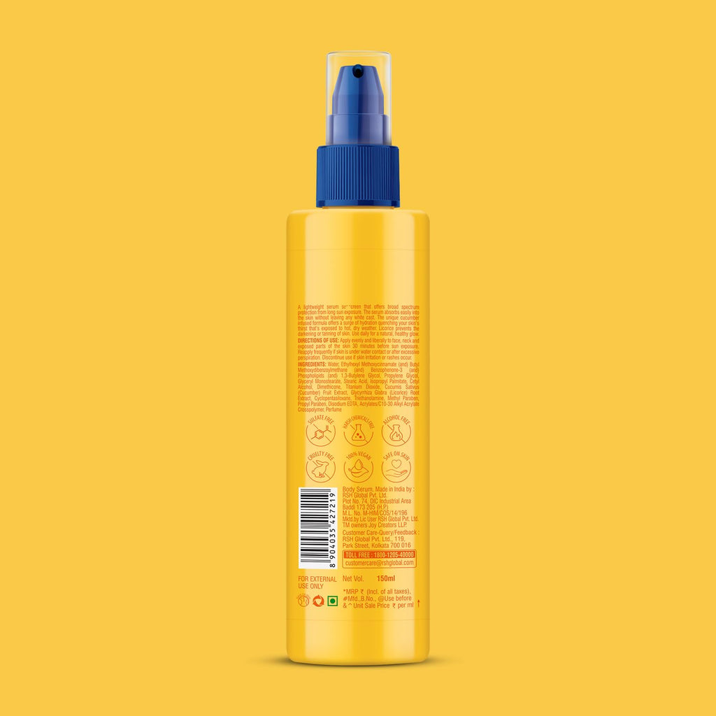 Joy Hello Sun Skin Brightening Body Sunscreen Lotion SPF 35 (150ml) | UVA + UVB Protection | Tan Control and Brightening | Lightweight, Fast Absorbing & Zero White Cast | For All Skin Types