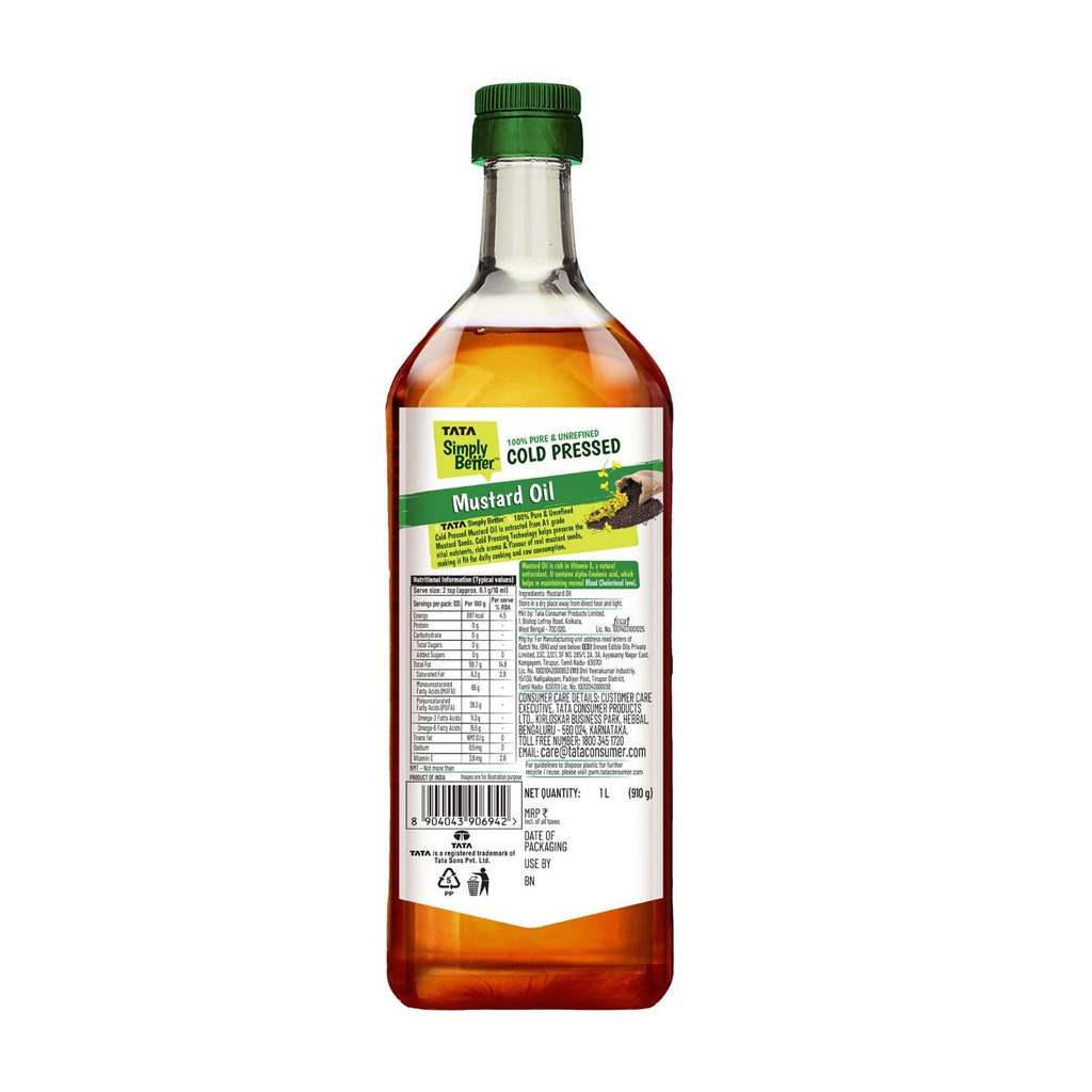 Tata Simply Better Pure & Unrefined Cold Pressed Mustard Oil,Naturally Cholesterol Free, 1L, Rich Aroma & Flavour of Real Mustard Seeds, A1 Grade Mustard Seeds
