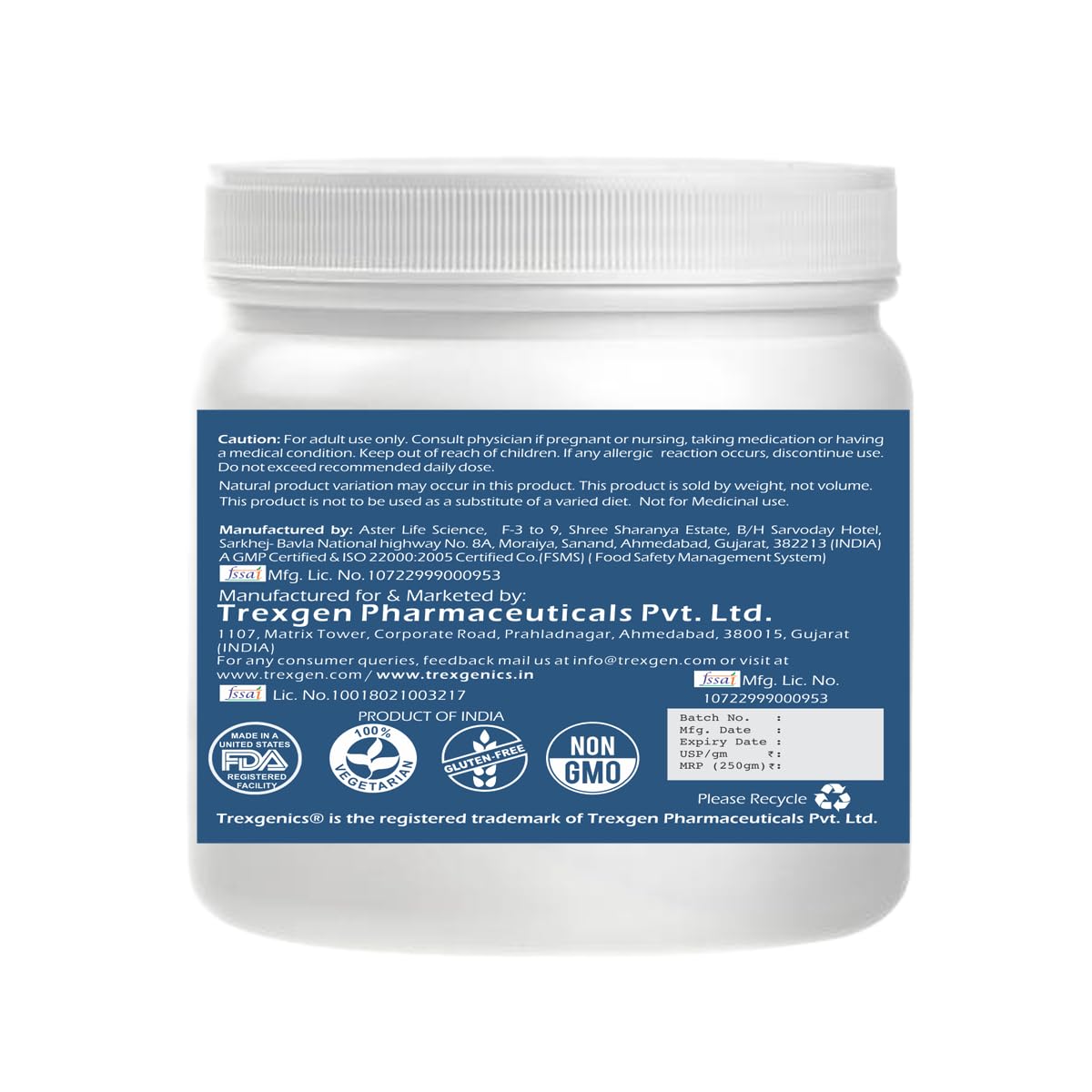 Trexgenics GLYCEROL MONOSTEARATE GMS Pure & Premium Powder Pre-Workout, > 40% Monoglycerides content 50 servings (250 gram)