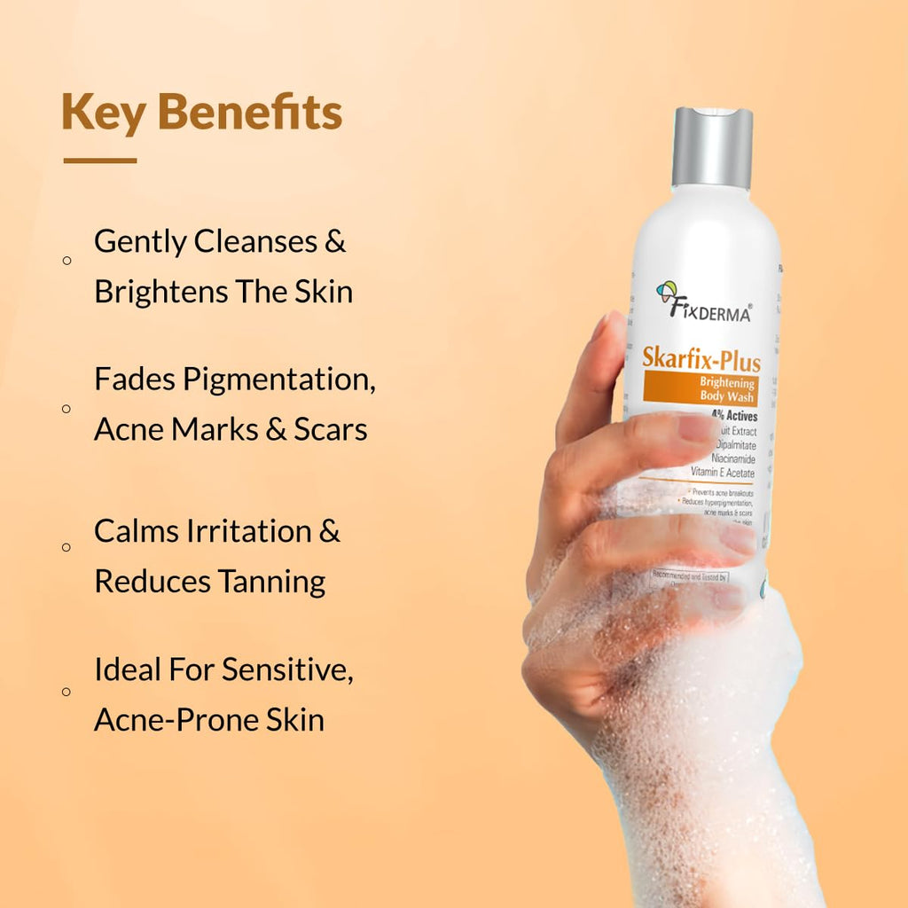 Fixderma Skarfix Plus Brightening Body Wash with 4% Actives (Kojic Acid, Niacinamide Acid, & Vitamin E) | Skin Brightening Body Wash Shower Gel Women & Men | For Hyperpigmentation & Acne Marks - 200ml