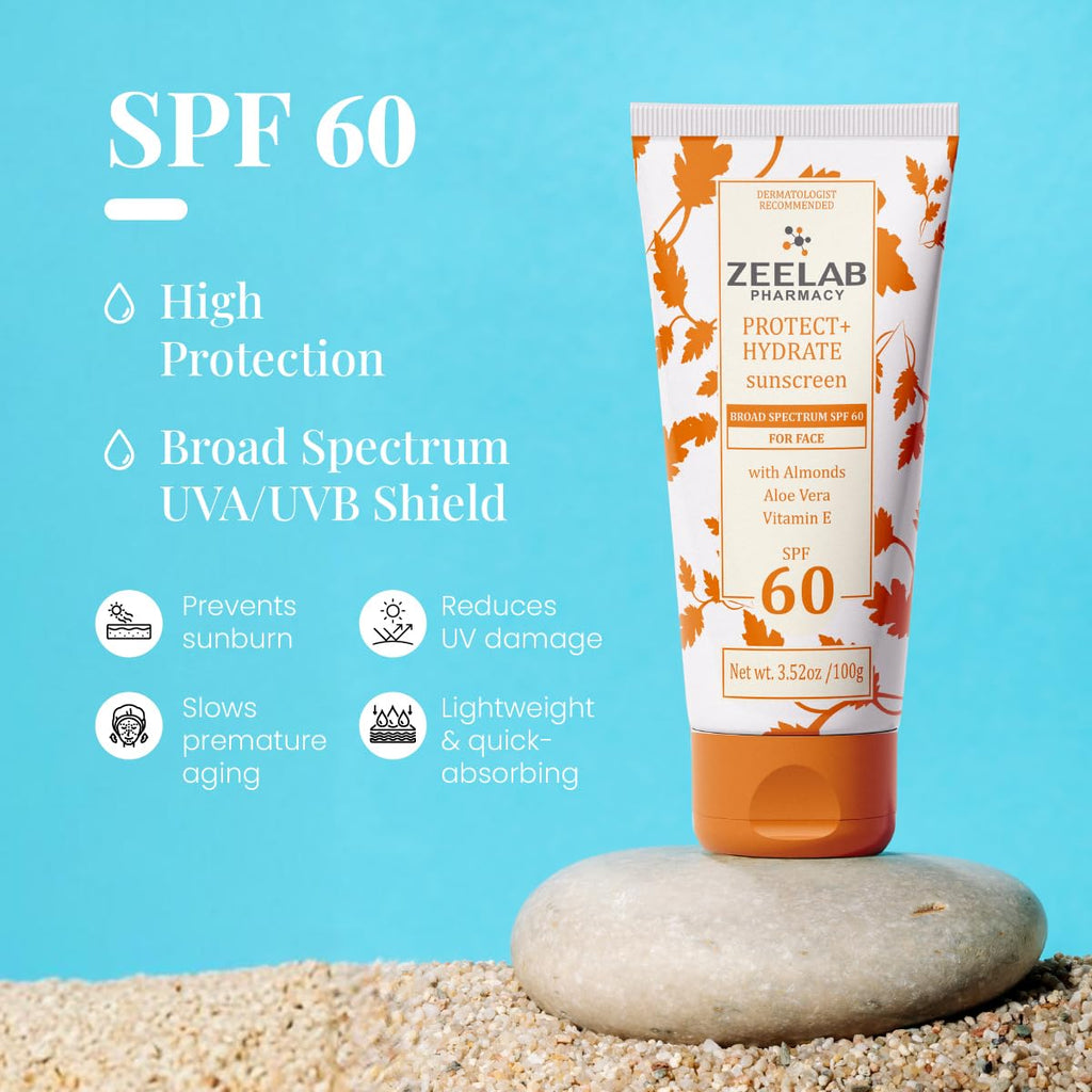 Zeelab Sunscreen Lotion SPF 60+ | Broad Spectrum UVA/UVB Protection | Lightweight, Non-Greasy Formula with Aloe Vera, Almond Oil & Vitamin E | Prevents Sunburn, Tanning & Ageing | 100 gm